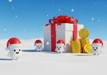 Cute cartoon characters wearing santa hats in a snowy landscape with a large gift box and stacks of gold coins, representing christmas joy and financial fortune