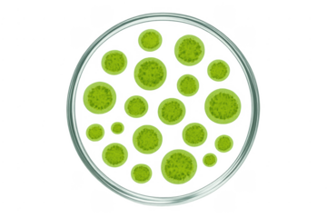 Petri dish cultivating green bacteria colonies on transparent background