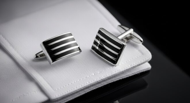 Elegant black and silver striped cufflinks resting on a white folded shirt cuff, showcasing sophisticated mens fashion accessories