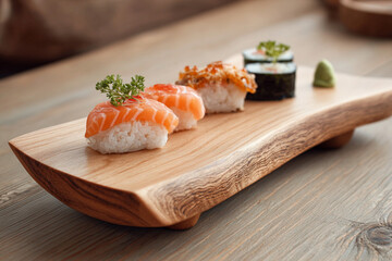 Fresh sushi platter featuring salmon nigiri and variety of rolls served on a wooden board at a cozy restaurant