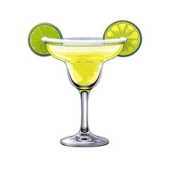 Refreshing lime margarita cocktail with salt rim and citrus slices illustration isolated on transparent background