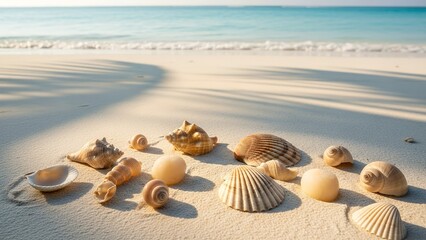 Assorted seashells arranged on a sandy beach with turquoise water and gentle waves in the background.
