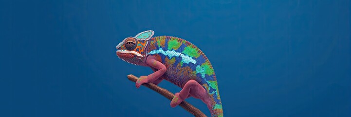 Pink, Blue, and Green Chameleon on a Branch Against a Deep Blue Background