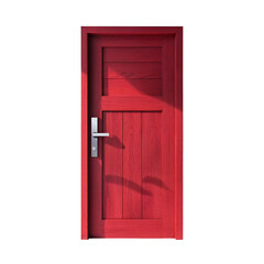 Closed red wooden door with modern silver handle isolated on clean background isolated on transparent background