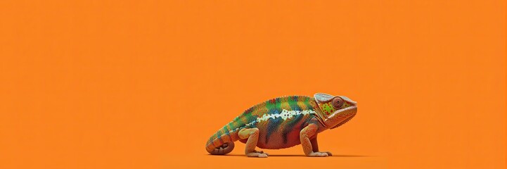 Colorful Chameleon with White Stripe on a Solid Orange Background