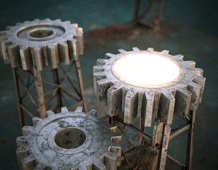 Rusty gears on metal stands, one lit
