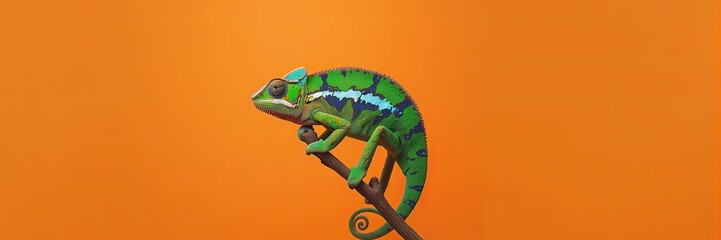 Vibrant Green Chameleon on a Branch with an Orange Background