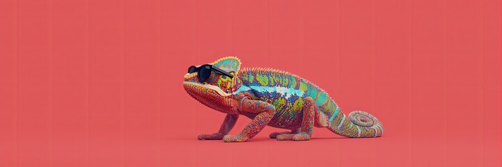 Vibrant Rainbow Chameleon Wearing Black Sunglasses on a Red Background
