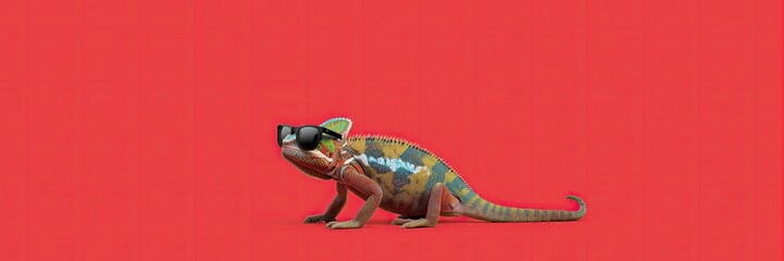Cool Chameleon Wearing Sunglasses on a Red Background