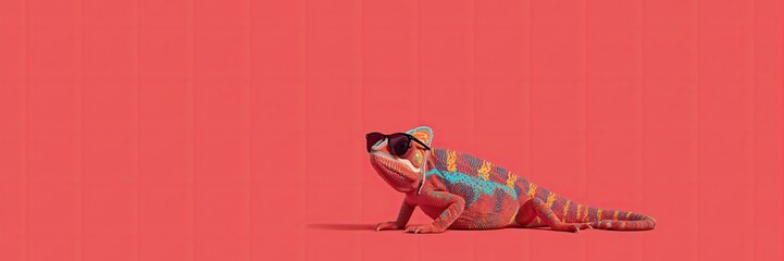 Cool Red and Blue Chameleon Wearing Sunglasses on a Pinkish-Red Background