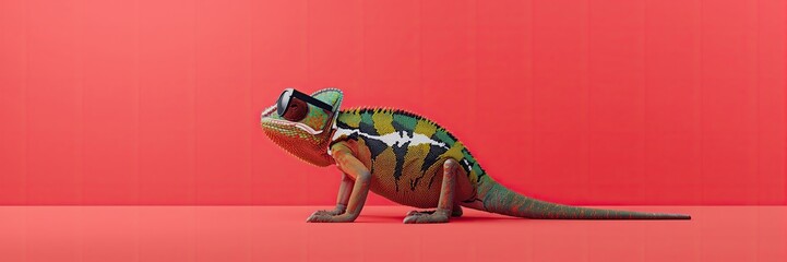 Green and Yellow Chameleon Wearing Sunglasses on Coral-Red Backdrop