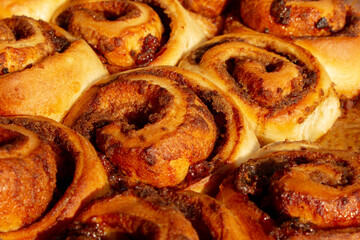 A view of a tray of cinnamon rolls.