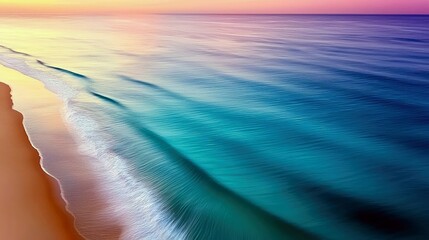 Aerial view of ocean waves washing onto a sandy beach at sunset, with colorful sky.