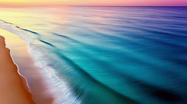 Aerial view of ocean waves washing onto a sandy beach at sunset, with colorful sky.