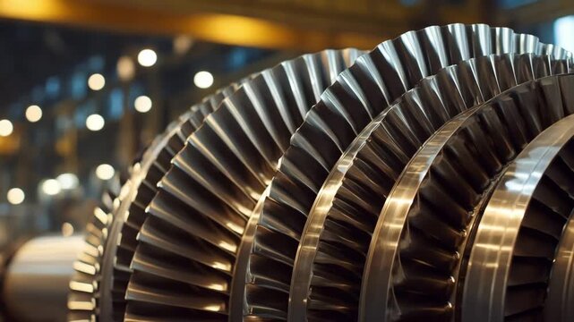 Medium shot of turbine blades spinning inside energy recovery system transforming lowgrade heat into usable energy.