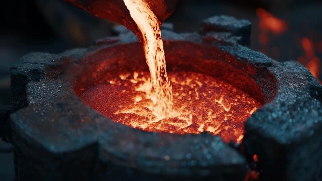 Medium shot of molten metal being infused with titanium microelements to enhance strength and corrosion resistance in industrial alloy production.