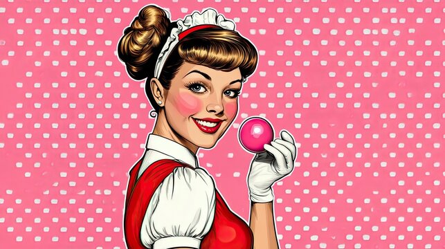 A retro-style illustration of a woman holding a pink sphere against a pink polka dot background. She is wearing a maid outfit and smiling.