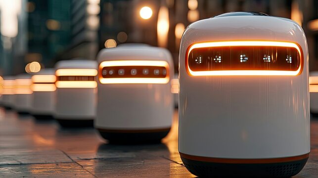 Close-up of a line of futuristic robots with glowing orange lights, set on a city street at night. The robots appear to be autonomous. - Powered by Adobe