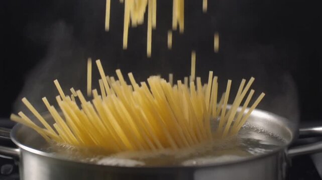 A close-up view of uncooked spaghetti pasta being dropped into a stainless steel pot of boiling water, with steam rising against a dark background