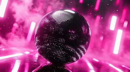 A reflective disco ball is illuminated with pink neon lights, creating a vibrant and energetic atmosphere. Smoke adds depth to the scene.