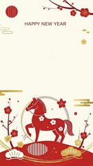 お正月の馬イラストとスマホをテーマにした新年年賀状背景	
