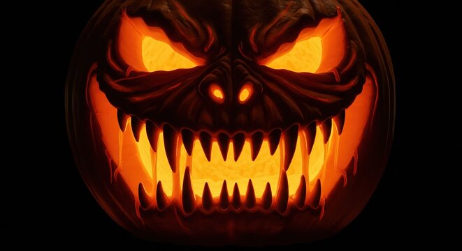Scary Halloween Jack-o'-lantern with glowing fiery eyes and sharp teeth - Powered by Adobe