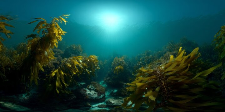 Underwater kelp forest exploration coastal waters hdr panoramic view