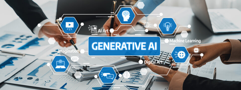 This stock photo captures a dynamic business setting focused on generative AI, showcasing hands engaged in collaboration over data visualizations and digital tools. Amity - Powered by Adobe