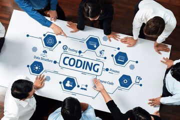 Diverse professionals collaborate in a modern office on coding processes, data structures, and software testing, showcasing teamwork and innovative problem-solving in a vibrant setting. Amity