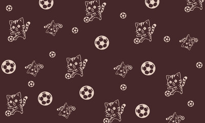 Cute cat and soccer ball seamless pattern for kids, crafted in simple vector style on soft color backgrounds