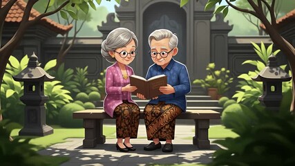 Elderly couple reading a book together in a serene garden setting.