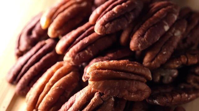 Pecan nuts in nutrition.Healthy fats and snacks.Organic pecans on a wooden surface. A plant-based vegetarian source of protein and healthy fat