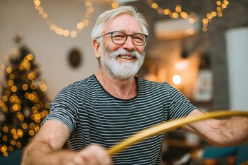Elderly man with gray hair and glasses wearing a striped T-shirt, joyfully twisting a gymnastic hoop in a cozy living room adorned with a decorated Christmas tree and twinkling lights, soft warm light