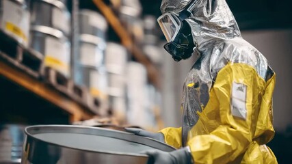 View of a safety expert dressed in a protective suit demonstrating proper containment techniques for beryllium material in a controlled setting.
