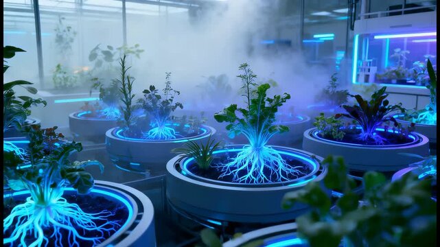 Wide shot of a futuristic greenhouse lab, transparent growth pods housing bioluminescent plants, pulsing blue-purple root glow, gentle mist