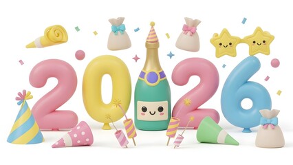 Obraz premium A festive and cute illustration of the year 2026 with a smiling champagne bottle, party hats, confetti, and star decorations.