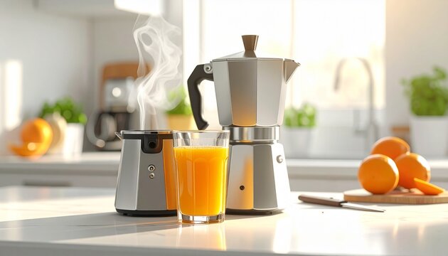 Kitchen Appliances Still Life With Blender Orange Juice And Espresso Maker High Resol