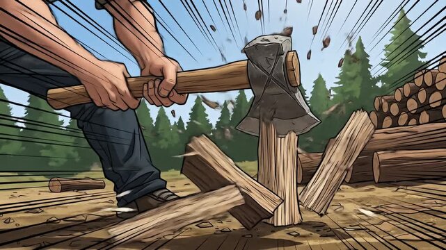 A man chopping wood with an axe, splitting logs into smaller pieces in a forest setting.