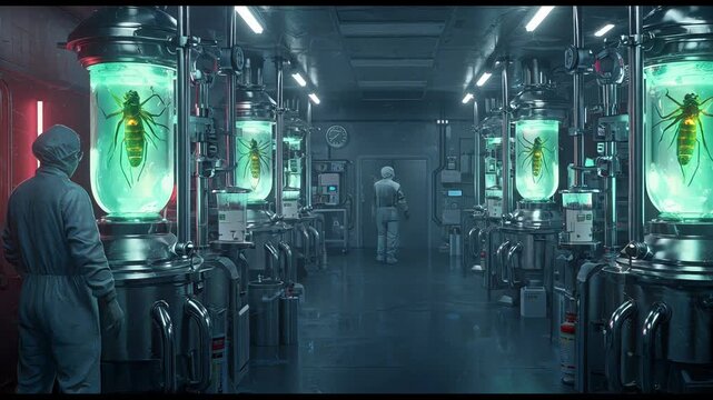 Futuristic insect-protein lab with glowing bioreactors and chrome tubing, scientists in sleek suits