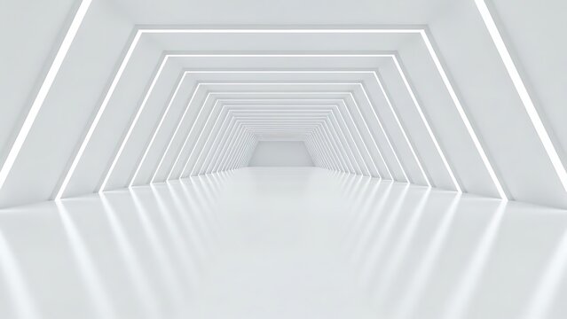 Modern futuristic architectural corridor with abstract geometric design and clean white lighting