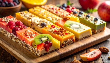Assortment of delicious healthy energy bars with various fruits and nuts