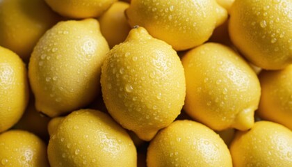 Closeup background of many fresh ripe lemons covered with water drops. Vibrant yellow citrus fruit texture.