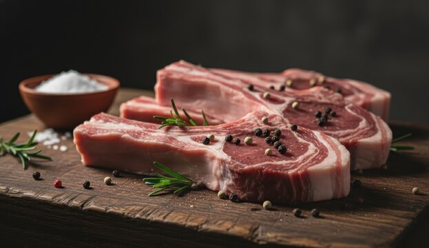 Raw lamb chops with rosemary, peppercorns, and salt on a rustic wooden board. Fresh meat preparation. - Powered by Adobe