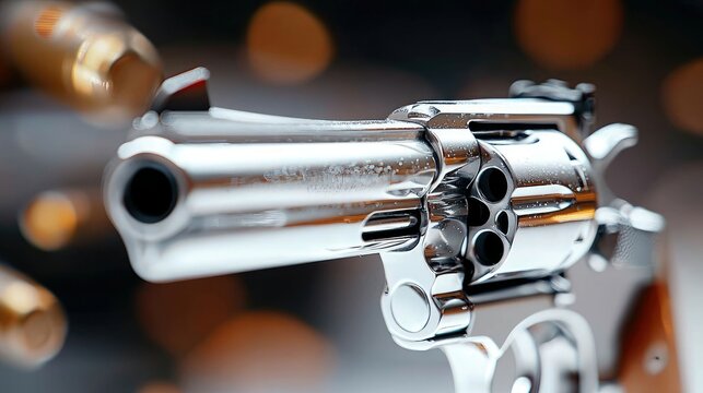 Close-up of a shiny revolver gun with bullets in the background. The gun is pointing directly at the viewer, creating a sense of tension and danger. The backgro