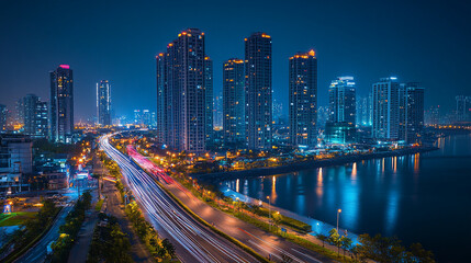 Fototapeta premium Stunning night cityscape with vibrant light trails, modern architecture, and reflective river views creating a dynamic urban landscape for travel and business