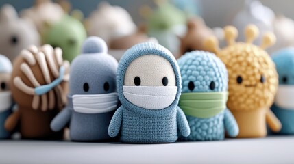 A group of cute cartoon characters wearing face masks, representing protection and safety. The characters are in various colors and designs, creating a playful