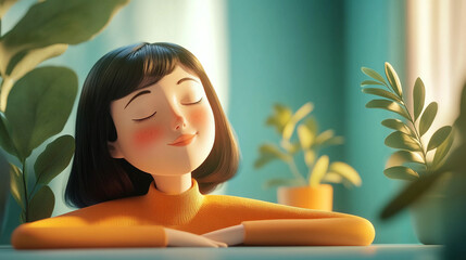 Find inner peace with this calming scene of a relaxed woman meditating amidst lush greenery in a serene atmosphere, perfect for wellness and mindfulness content