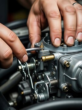 Close-up mechanical work on vehicle carburetor adjusting fuel delivery