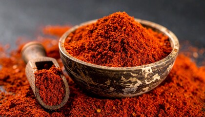 Close up photo of a wooden bowl filled with red chili powder and a vintage spoon