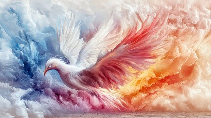 Obraz premium An artistic rendering of a dove in flight, with wings spread, soaring through a vibrant sky of colorful clouds. The image evokes a sense of freedom and hope.